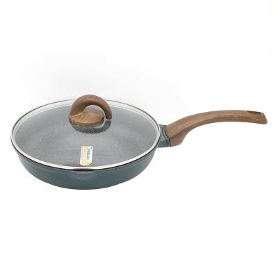 China New Design Sustainable Die Casting Aluminum Frying Pan With Induction Bottom Soft Touch Wooden Handle for sale