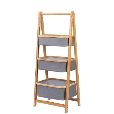 China Hot Sale Modern New Design Bamboo Frame Foldable 3 Layers Laundry Basket For Bathroom for sale