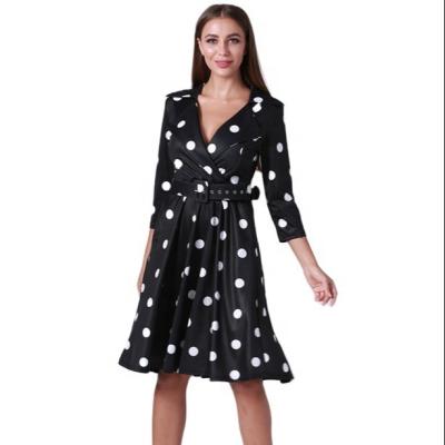 China NEW Anti-Wrinkle DESIGN Polka Dot V-Neckline Midi Casual Dress Wrap Criss Cross Sexy Women Dress With Pocket for sale