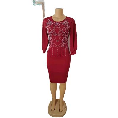 China Anti-wrinkle New Design Women Fashion Dress Diamonds Patterned Long Sleeve Bodycon Midi Ladies Dress for sale