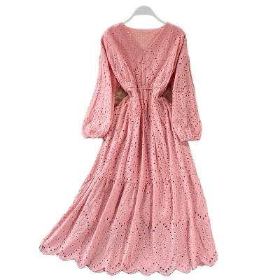 China Anti-Wrinkle Ladies Smart Casual Elegant Midi Women Dress Breathable Hollow Out Clothing Elastic Cuff Long Sleeves Cocktail Dress for sale