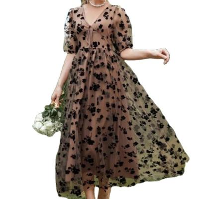 China 2022 Anti-wrinkle Ladies Vintage Vintage Half Sleeve Dress Elegant V-Neckline Long Vestidos Para Mujer for sale