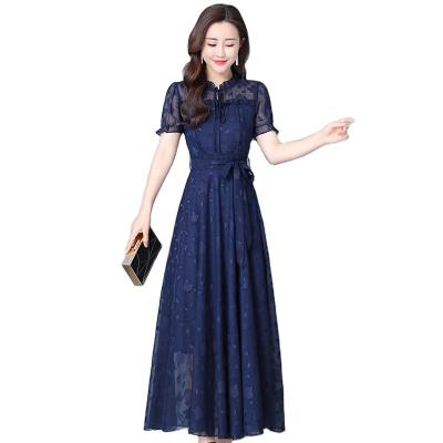 China Custom Made Elegant Summer Sleeveless Halter Spring Dress Evening Party Anti-Wrinkle Long Dress Formal Women Maxi Lace Dress for sale