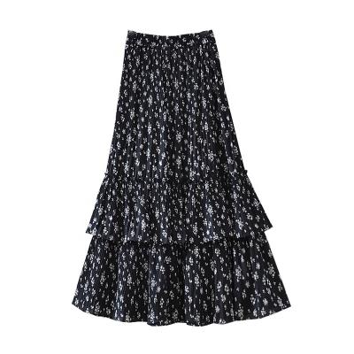 China Anti-Static A Line Skirt Faldas Para Mujer De 2022 Summer Chiffon Ruffle Waist Skirt Floral Elastic Cake Girls for sale