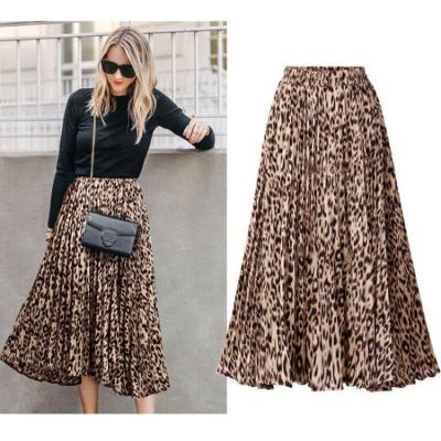 China OEM Quality Women Fashion Breathable Plus Size Leopard Print Mid Length Pleated Elastic Waist Skirts Manufacturer for sale