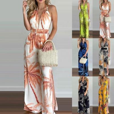 China New Style QUICK DRY Cami Jumpsuit Sleeveless Summer Printed Beach Split Panty Revealing Back Deep V Neck Girls Overalls for sale