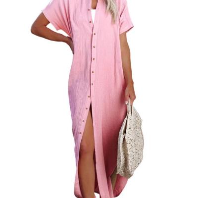 China Anti-Wrinkle Summer Fashion Shirt Dress Fancy Blouses Trim Casual Cover Up Maxi Shirt Dress Women Beach Swimming for sale