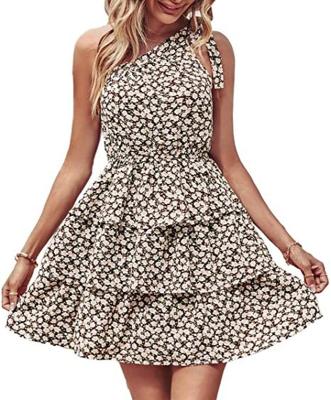 China Women Breathable Floral Print Elastic Waist Bandage Plus Size Floral Layered Ruffle Off The Shoulder Mini Dress For Women for sale