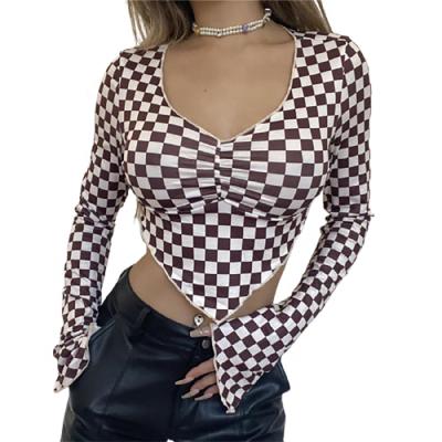 China BILLIONS New Breathable Women's Sexy V-Neck Top Plaid Printed Short Waist Backless Long Sleeve Top Shirt for sale