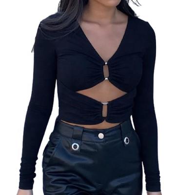 China BILLION New Product Blouse Anti-Pilling V-Neck Metal Decoration Sexy Tops Hollow Out Slim Long Sleeve Top T-Shirt For Ladies for sale