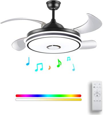 China Lighting Works LED Modern Music Speaker Living Room Bedroom Ceiling Fan Remote Control Retractable Light for sale