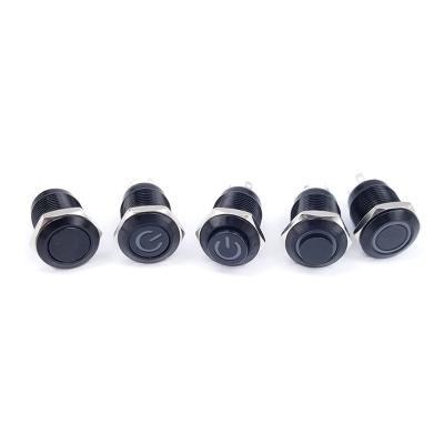 China 12mm Self Locking IP65 LED Waterproof Light 3-6V 12-24V 220V Circle Mark Black Metal Push Button Flat Switch 12mm for sale