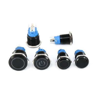 China 19mm Locking Self Locking 19mm Black Body LED Power Brand 6V 12V 220V Metal Waterproof Light Flat Black Push Button Switch for sale