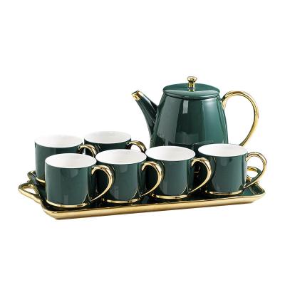 China Viable Wholesale High Quality Luxury White Customized Gold-rimmed Teapot And Cup Set 8pcs Coffee Set Ceramic Tea Set With Tray for sale