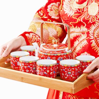 China Viable Enamel Chinese Handmade Tea Set Kungfu Tea Set Ceramic Chinese Teapot Cup Home Wedding Gift 8pcs for sale