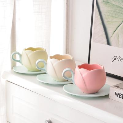 China Beautiful New Arrival 300ml 10oz 3d Viable Pink Embossed Tulip Macaron Shaped Porcelain Coffee Mug Ceramic Cup With Saucer for sale