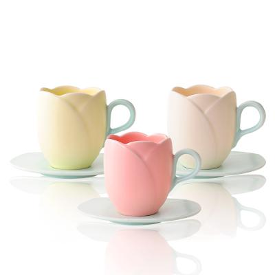 China Beautiful New Arrival 280ml 9oz 3d Viable Pink Embossed Tulip Macaron Shaped Porcelain Coffee Mug Ceramic Cup With Saucer for sale