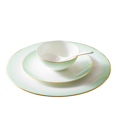 China New Set Viable Craft Dinnerware Design Decal Kitchen Dish Colorful Dish Set Gold Rim Fine Bone China Dinnerware Sets for sale