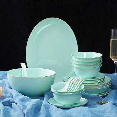 China Sustainable High Temperature Celadon Hotel Clubhouse Luxury Home Gifts With Gold Painted Ceramic Dinnerware Set for sale