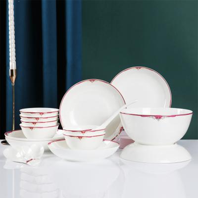 China Sustainable Simple Western Design Bone China Dinnerware Sets RED RIM Dinnerware Charger Ceramic Dinner Plate Dishes Set for sale