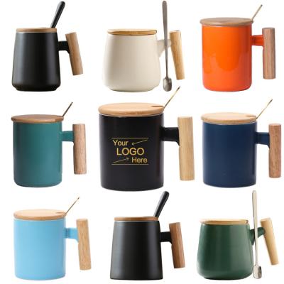 China Wholesale Viable With Lid Custom Logo Printed Coffee Around Tea Wood Coffee Porcelain White Handle Ceramic Mugs for sale