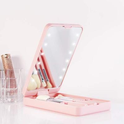 China Wholesale Rotating Portable Plastic Clear Led Lighted Makeup Brush Storage Box Mirror Holder With Lights for sale