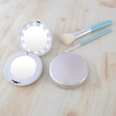 China New Portable Sublimation Lighted Makeup Round Led Lighted Handheld Mirror Pocket Mirror Bamboo Gold Gifts With Logo for sale