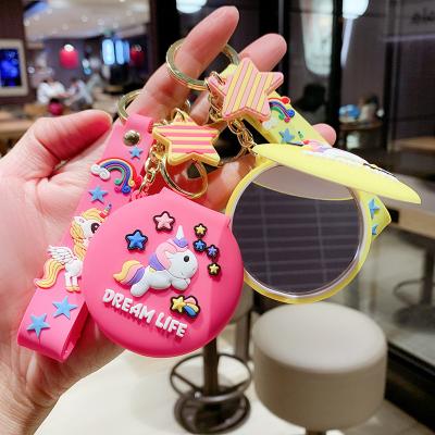 China Christmas Promotion Gift Lighted Folding Cute Silica Gel Makeup Mirror Cartoon Pattern Key Chain Cute Custom Mirror for sale