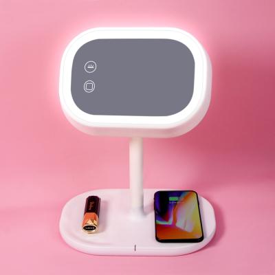 China Beauty Dimmable Lighted Function Makeup Cosmetic Mirror With Wireless Charger Table Desktop Makeup Mirror for sale