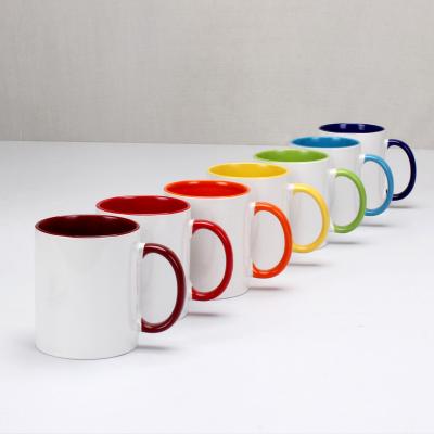 China Viable High Quality Factory Customized Empty 11oz Mug With Colored Gloss Handle Sublimation Coated Ceramic Mug for sale