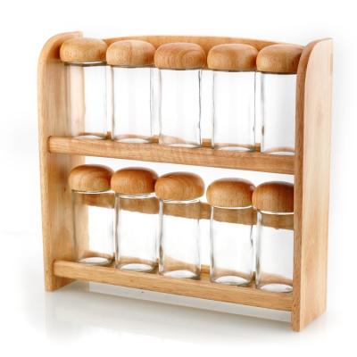 China Min 10pcs Sustainable Wholesale Glass Spice Jar Set Wooden Rack For Kitchen for sale