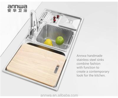 China Without Faucet anGP015 ANNWA Double Bowl 304 Stainless Steel Sink With Drain Panel for sale