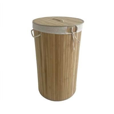 China Folding Tidy household life nature color round folding bamboo collapsible laundry basket with laundry bag and lid for sale