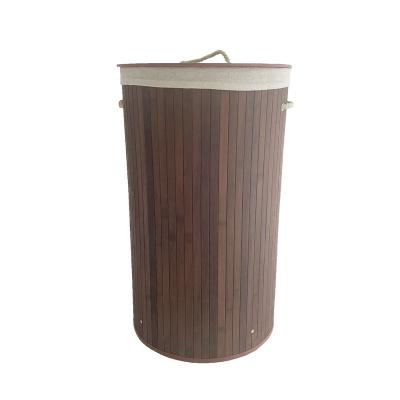 China Household Tidy Living Folding Brown Color Round Folding Bamboo Folding Laundry Basket With Laundry Bag And Lid for sale