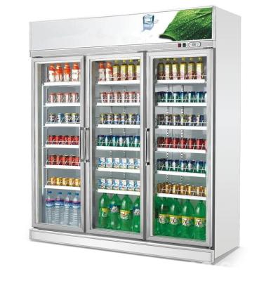 China Single-temperature hotel restaurant refrigeration equipment three straight large display door refrigerator glass cooler 1860l for sale