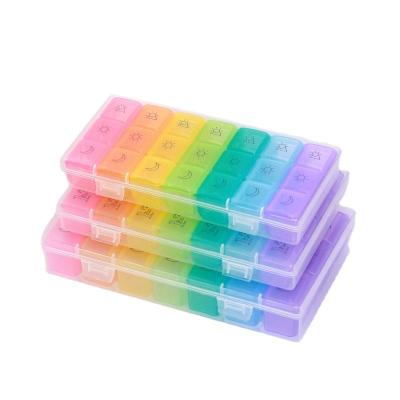 China Hot Rainbow 21 Rows 4 28 Grid Weekly Plastic Pill Box Chest Medicine Daily Pill Travel Classification Container For Old Man YX-040 041 042 for sale