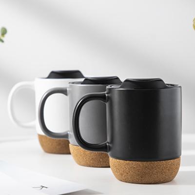 China Traditional Chinese Design Porcelain Mug Viable Fine Coffee Mug 320ml Cork Bottom Black White Gray With Cover And Handle for sale