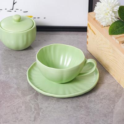 China Viable Wholesale Items Lunch Couple Ceramic Stoneware Coffee Cup Saucer With Ruffled for sale