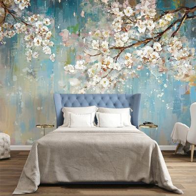 China Modern living room bedroom wallpaper plum flower fabric wall TV background fabric sofa seamless hand-painted seamless mural for sale