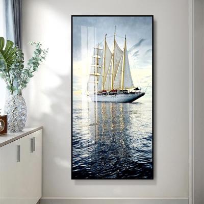 China Sailing ship modern vertical diamond sea landscape living room hallway decoration porch crystal porcelain painting for sale