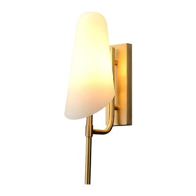 China Hot sale post modern hotel indoor wall lights milk shade bedroom bedside copper wall sconces lamps glass brass lights for sale