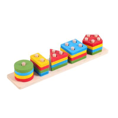 China Popular MDF Plywood Building Block Sets Montessori Children Toys Five-column Colorful Rectangular Geometric Column Sleeve Wooden Toys for sale