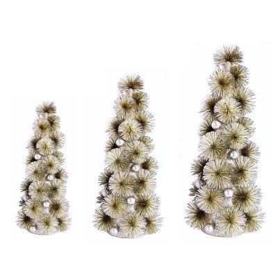 China 2020 Folk Art Glitter Champagne Gold Mini Cone Tree Ornament with Pom-pom Flowers. for sale