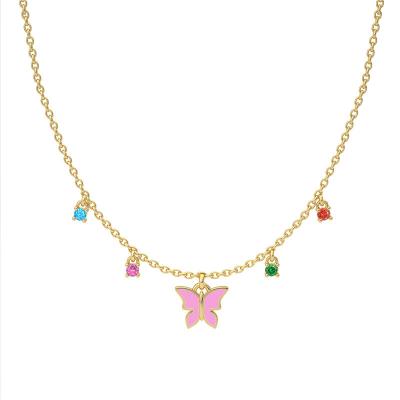 China Fashion TRENDY Gold Plated Diamond Enamel Butterfly Charm Necklace colorful 925 Sterling Silver Butterfly Pendant Necklace for sale