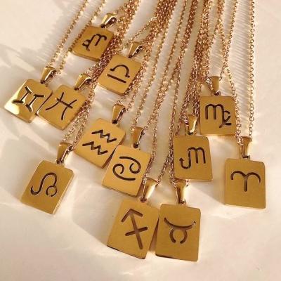 China 18K Gold Plated Trendy Fashion Necklace Stainless Steel Astrology Horoscope Necklace 12 Zodiac Sign Necklace for sale