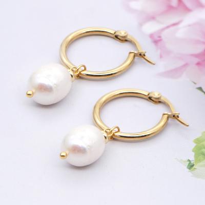 China Fashion TRENDY Baroque Stainless Steel Pearl Circle Earrings Freshwater Gold Plated Pearl Drop Earrings 2022 for sale