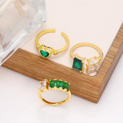 China Fashionable Colorful Geometric Women's Green Malachite Zircon Ring Vintage Gold Plated Heart Ring Open Fashionable Zircon Rings for sale