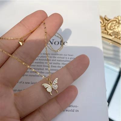 China Fashion Diamond Butterfly Double Necklace Women Simple Design Crystal Elegant Wedding Jewelry Gifts for sale