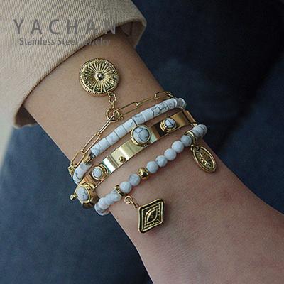 China FASHIONABLE Boho Stacked Bracelet Set 14K Gold Plated Hand Beaded Natural Stone Bangle Bracelet Hot Selling Combination for sale