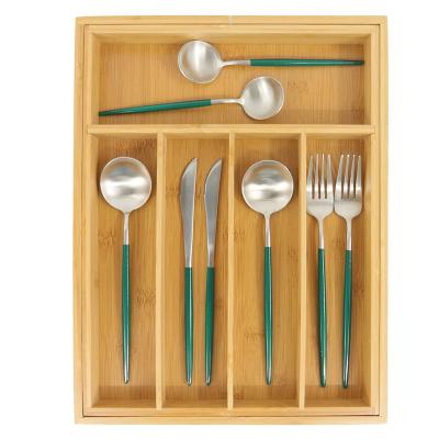 China Wholesale Custom Bamboo Cutlery Tray Expandable Adjustable Cutlery Utensil Organizer Viable for sale